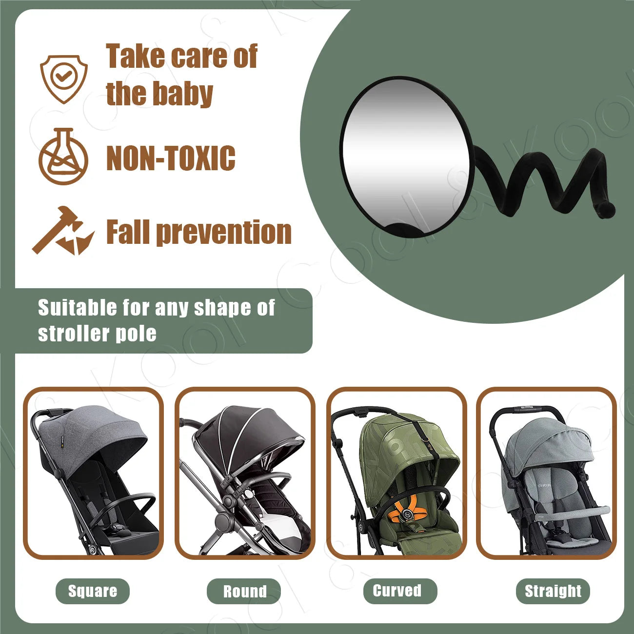 Stroller Mirror 360° Rotating, Shatterproof with Non-Slip Silicone Leg for a Full, Secure View of Your Baby