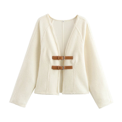HH 2024Female Autumn Fashion Casual Coats Long Sleeves Belt Decoration Cardigan Solid V-Neck Slim 2-Colors Elegant Retro Top