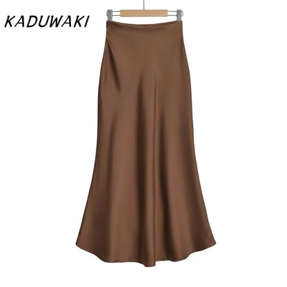 KADUWAKI Summer Long Black Satin Skirts Spring Straight Maxi Champagne Skirts Elegant Women Satin Silk Skirts Long Brown 니트 스커트