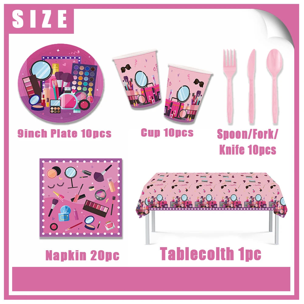 Girl's Birthday Party Supplies  Cosmetics Decorations Background Banners Disposable Cups Plates Knives Forks Spoon Gift Backdrop