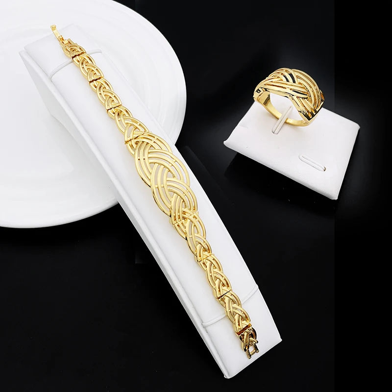 Fashion 18K Gold Plated Jewelry Set For Women Classic Design Woven Pattern Necklace Earrings Bracelet And Ring 4PCS Set Jewelry