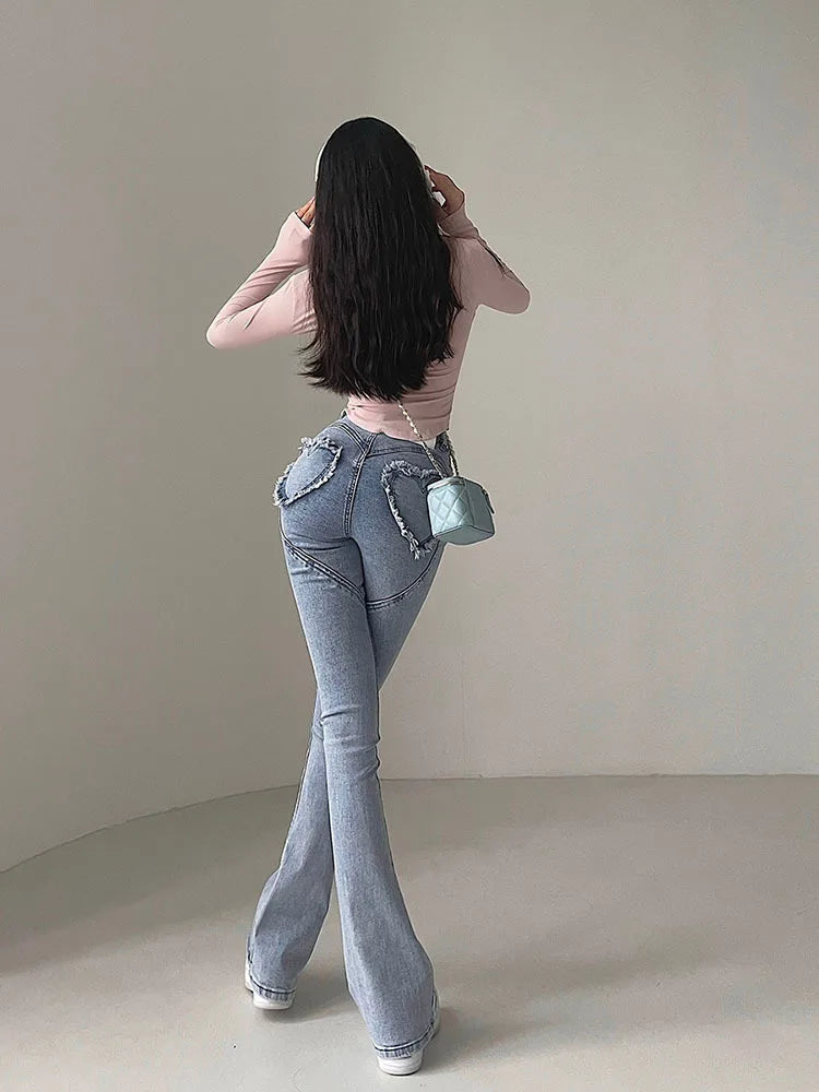 2024 Y2K High Waist Jeans Women Spring Sexy Hot Girl Casual Peach Love Pocket Flare Pants Female Bodycon Korean Denim Trousers