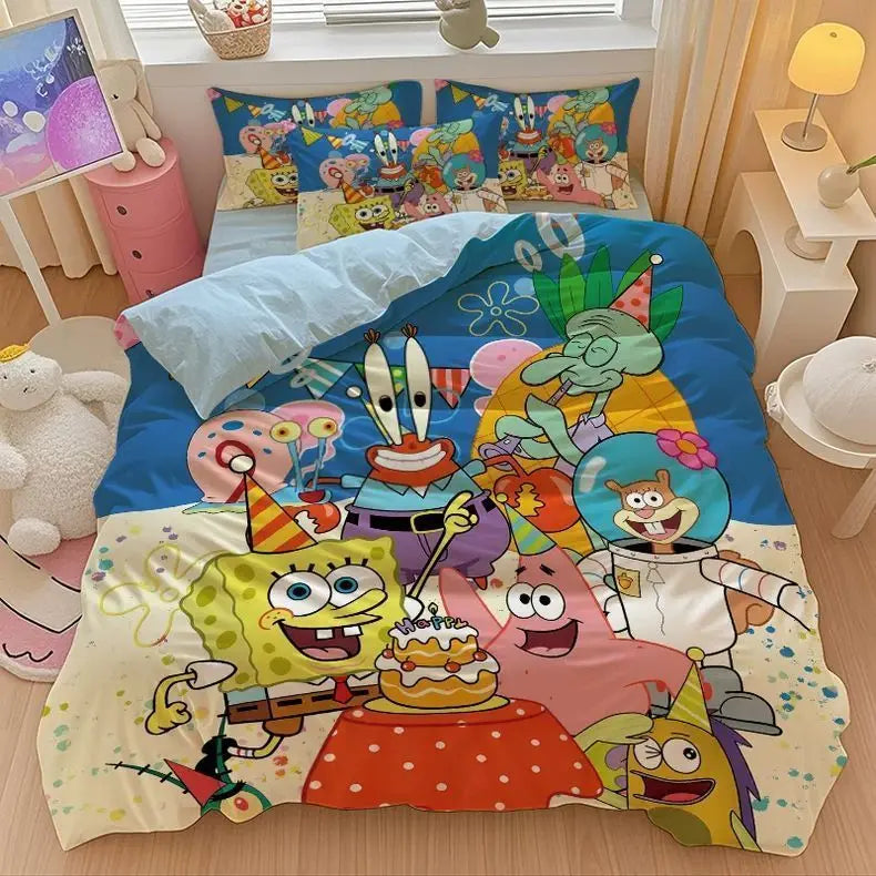 New Anime SpongeBobs Bedding Set Duvet Cover Bed Set Quilt Cover Pillowcase Comforter king Queen Size Boys Adult Bedding Set