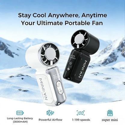 Portable Mini Handheld Fan 199-speed 3600mAh Rechargeable Mini Personal Hand Fan Battery Operated for Outdoor Travel Beach