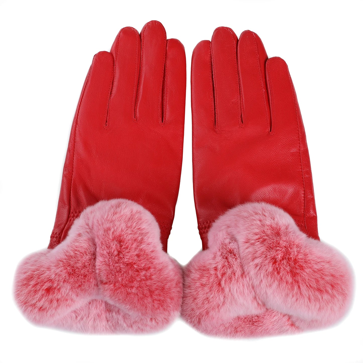 BOONJOVIA Elegant Women's Winter Warm Genuine Leather Gloves With Rex Rabbit Fur Trim Cuffs Velvet Lined
