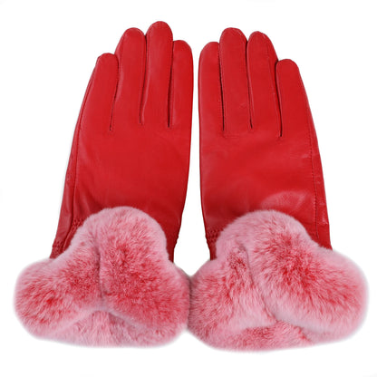 BOONJOVIA Elegant Women's Winter Warm Genuine Leather Gloves With Rex Rabbit Fur Trim Cuffs Velvet Lined