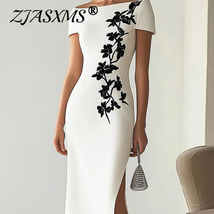 Women's Summer Dress Sexy Slash Neck Short Sleeve Hollow Slim Evening Dresses Spring Elegant Floral Print Split Boho Long Dress