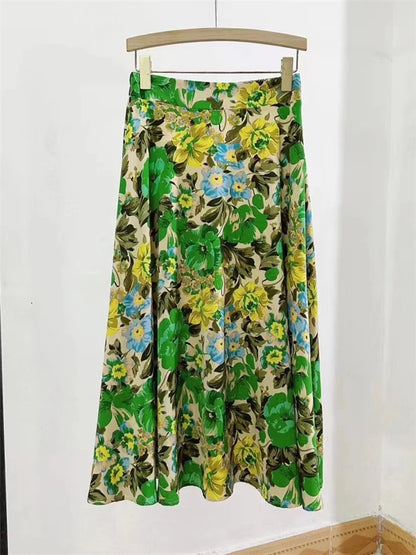 REALEFT High Waist Floral Printed Tulle Mi-long Women A-Line Skirts New 2024 Loose Female Umbrella Skirts Female Spring Summer