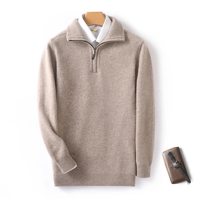 Autumn and Winter New Men's 100% Merino Wool Sweater Casual Knitted Business Half Zip Pullover Thickened Warm Long Sleeve Sweate