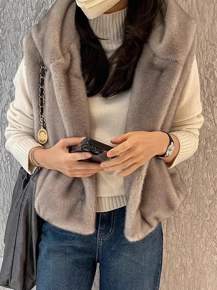 Chic Autumn Winter Vintage Hooded Mink Fur Vest Loose Versatile Women's Jaet Coat Soft Plu Comfortable Casual Outerwear