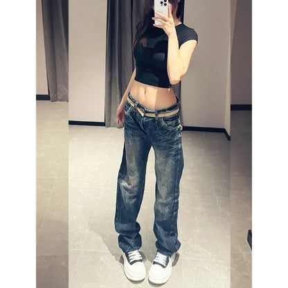 Women's American Personalized Wing Embroidered Jeans 2025 Low Waist Design Micro Flared Jeans Retro Harajuku Y2K Joker Jeans