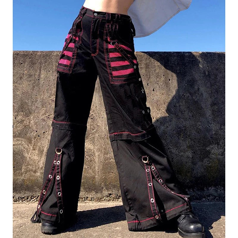 Women Gothic Chain Bandage Wide Leg Pants Women Oversize Low Rise Dark Academic Trousers Streetwear 90s Baggy Pant Punk Style