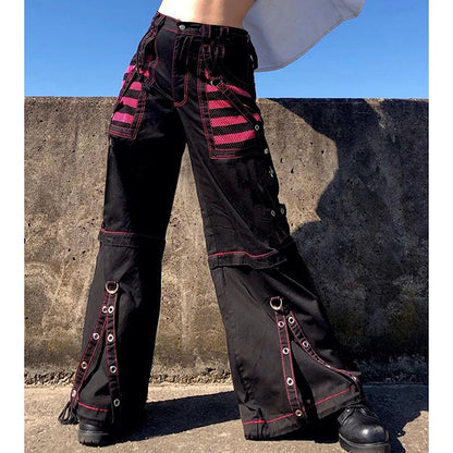 Women Gothic Chain Bandage Wide Leg Pants Women Oversize Low Rise Dark Academic Trousers Streetwear 90s Baggy Pant Punk Style