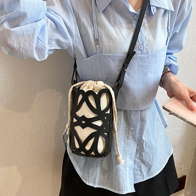 Solid Color PU Versatile Hollow Out Mini Bucket Bag Hot Sale Adjustable Strap Shoulder Bags Casual Drawstring Crossbody Bags