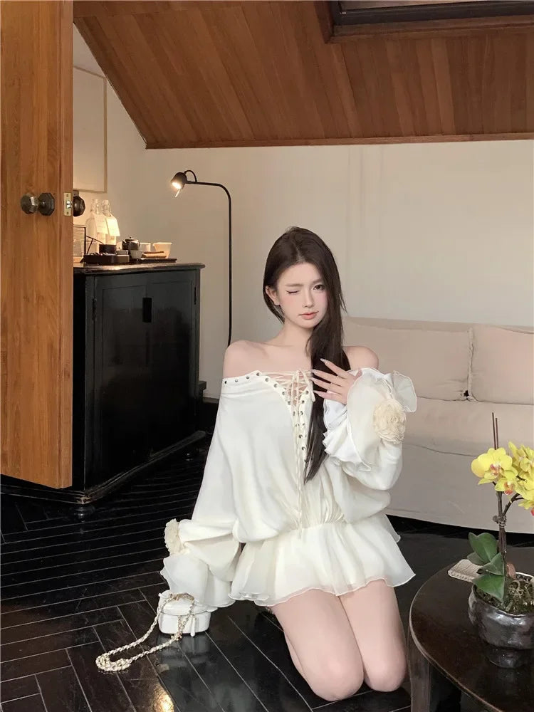 New Fall Sexy Slash Neck Red Super Mini Dress Women Lace Up Straps Short Shirt Fashion Flare Sleeve Ballet Off Shoulder Blouse