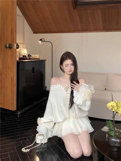 New Fall Sexy Slash Neck Red Super Mini Dress Women Lace Up Straps Short Shirt Fashion Flare Sleeve Ballet Off Shoulder Blouse