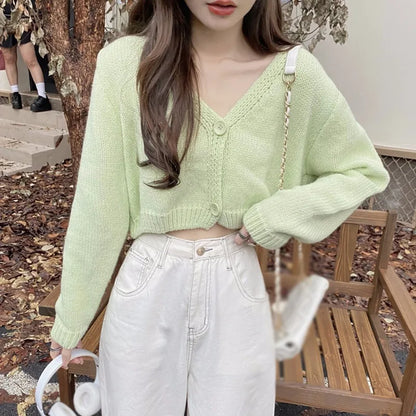 Women Autumn Long Sleeve Sweater Cardigan Sexy V-Neck Button Down Cropped Jacket Sweet Solid Candy Color Loose Knitted Outwear
