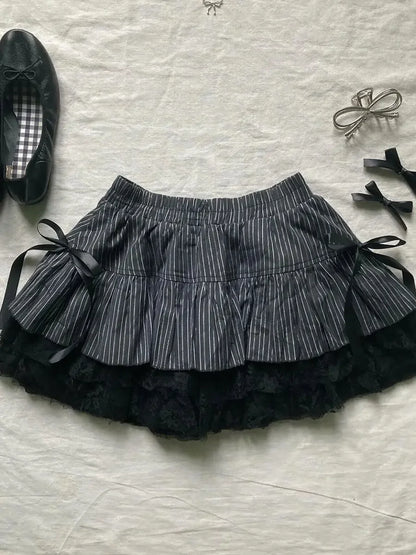 Y2k Aesthetic Skirt Punk Sexy Bow Kawaii Women Clothes High waist Gothic Slim Vintage 2000s Stripe Lace Girl Mini Skirts Summer