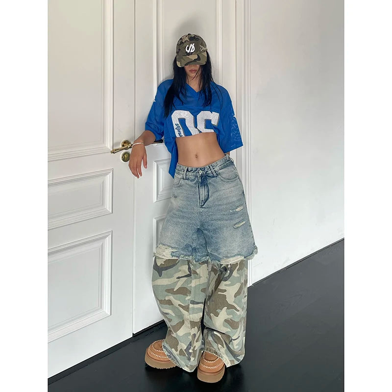 Women Patchwork Baggy Y2k Ripped Jeans Harajuku Aesthetic Denim Trousers Japanese 2000s Style Jean Pants Vintage Trashy Clothes