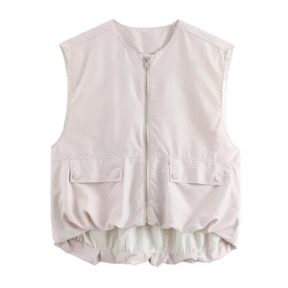 Women Fashion With Pockets Pleated Front Zipper Vest Sleeveless Jackets Vintage O-Neck Waistcoat Female Chic Tank Tops