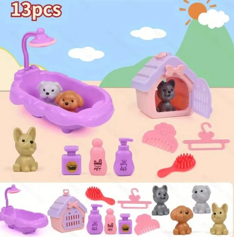 Dog Doll Set Puppy Pretend Play Toys Children Play House Accessories Pet House Scene Games Toys Kids Sensory Dog Pet Basket Toys