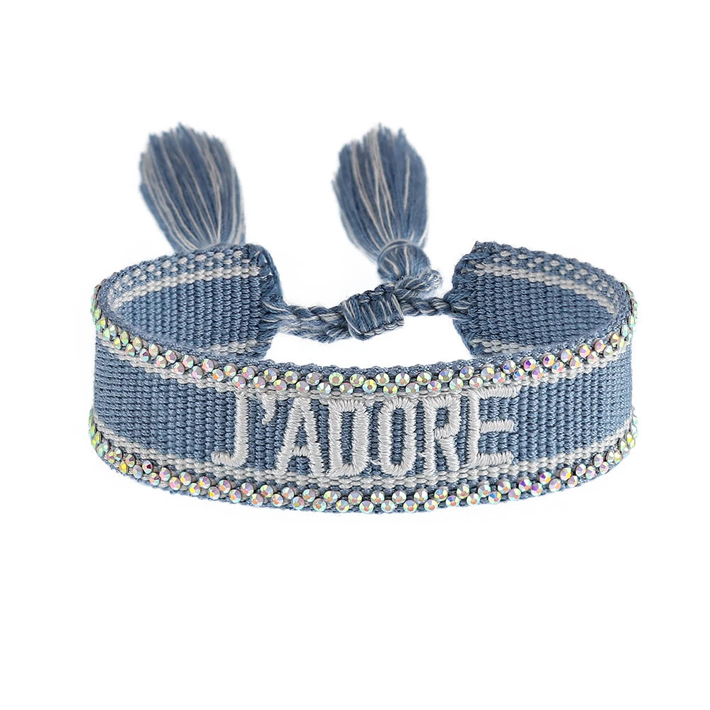 Rhinestone Embroidery Woven Bracelets Adjustable Rope Stackable Bangle For Women