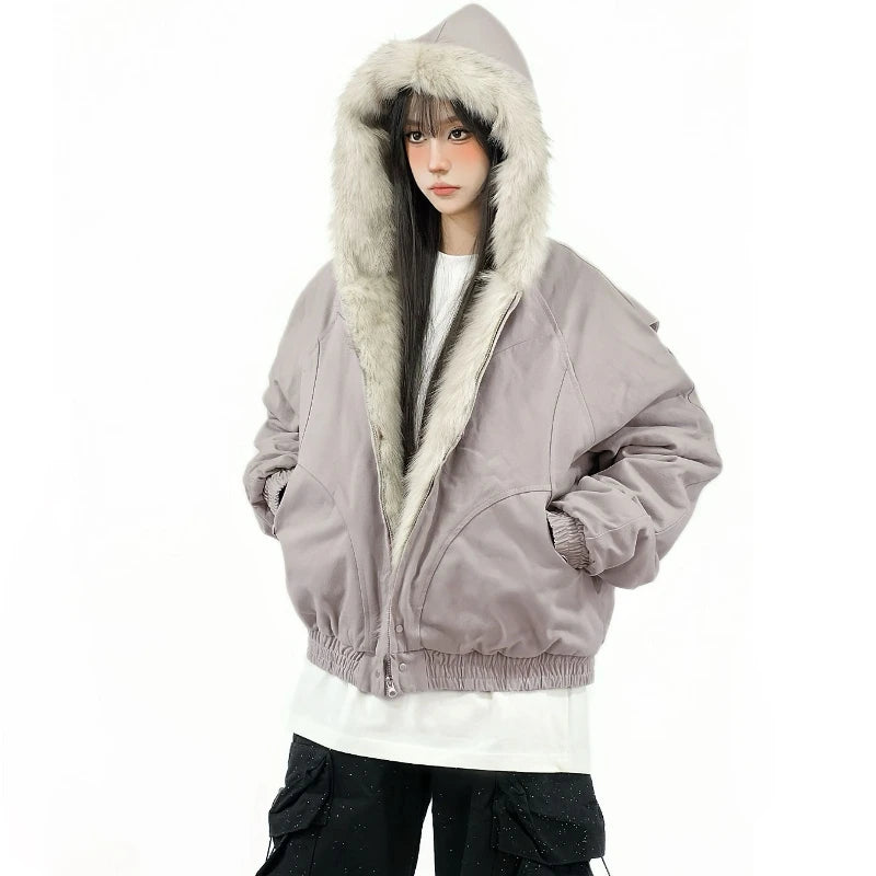winter new American retro wool collar thickened cotton jacket for men and women same style workwear fashion zipper hoodie jacket
