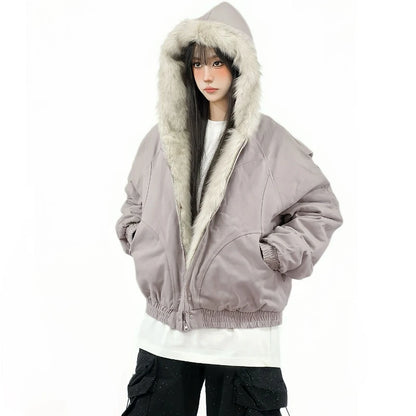 winter new American retro wool collar thickened cotton jacket for men and women same style workwear fashion zipper hoodie jacket