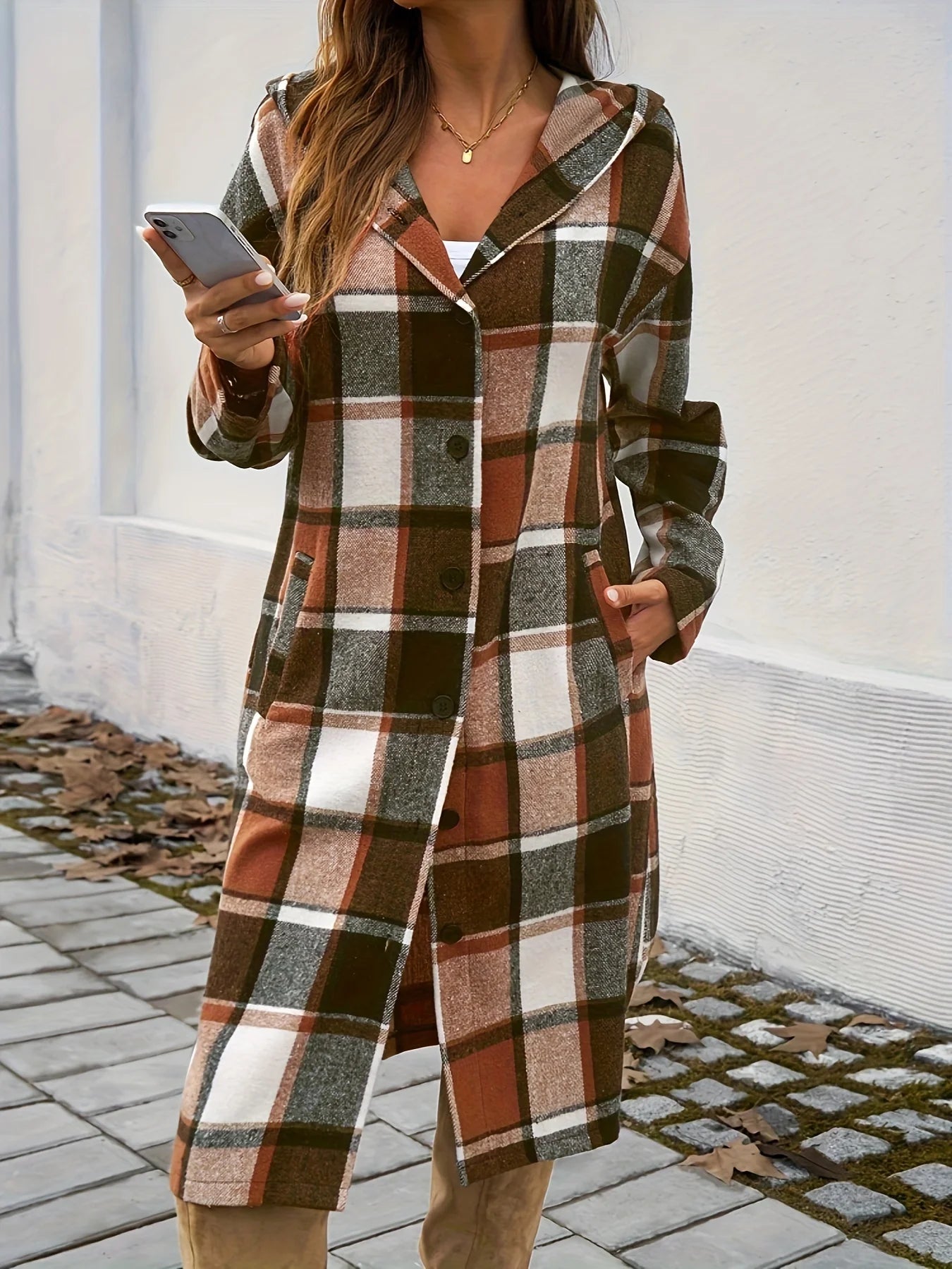 A new autumn and winter women's casual loose color-blocking button-down hooded long coat from Europe and America