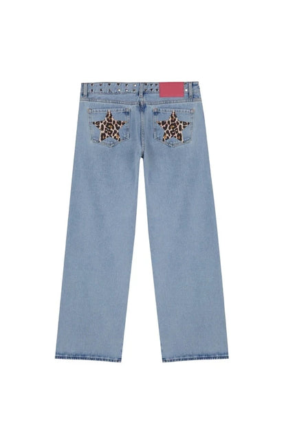 Y2K Vintage Jeans Women High Waisted Denim Pants Five Pointed Star Print Harajuku Street Baggy Casual Straight Leg Trousers