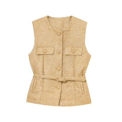 HH 2025 Elegant Women's Texture Belt Waistcoat Summer O-Neck Sleeveless Buttons Vest Jacket Female Slim Commuter Vest Tops