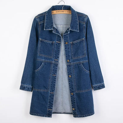 Women Denim Jackets Spring Autumn Long Sleeve Pockets Mid-Length Jean Coat 2024 Fashion All Matched Outerwear