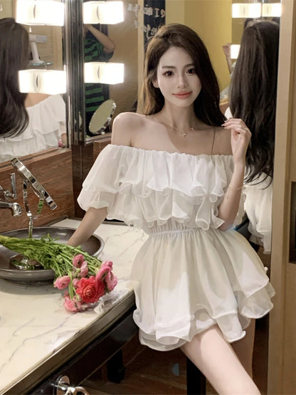 Woman Chiffon Dress Sexy Short Ruffle Dresses for Women Off Shoulder Casual Youth Chic and Elegant Pretty Fashion Summer 2025