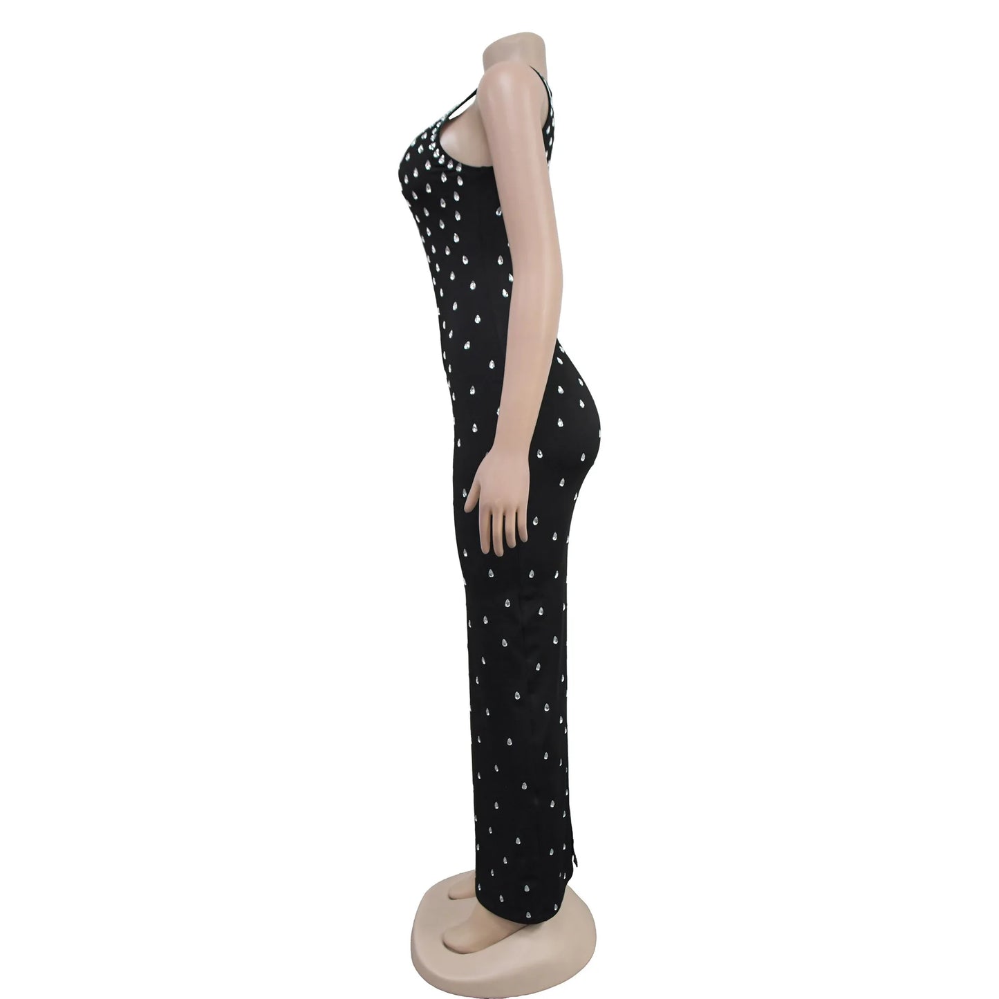 CM.YAYA Diamonds Hot Rhinestones Square Collar Women Sleeveless Bodycon Long Dress Birthday Party Evening Prom Maxi Dresses