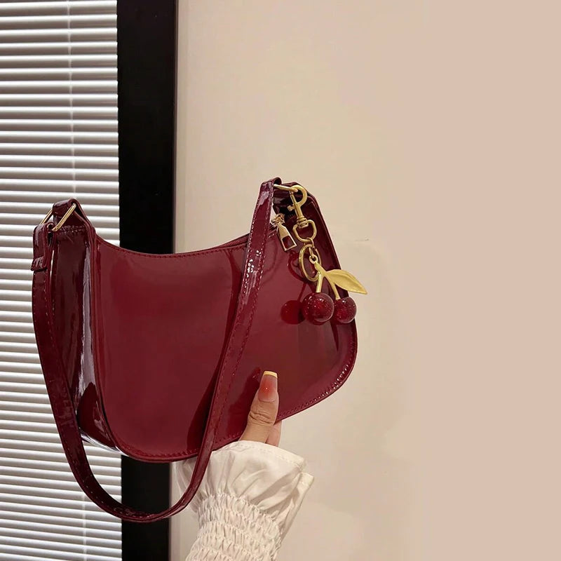 Solid Color PU Leather Women Shoulder Bags Fashion Ladies Cherry Pendant Handbags Purse Casual Design Female Hobos Underarm Bag