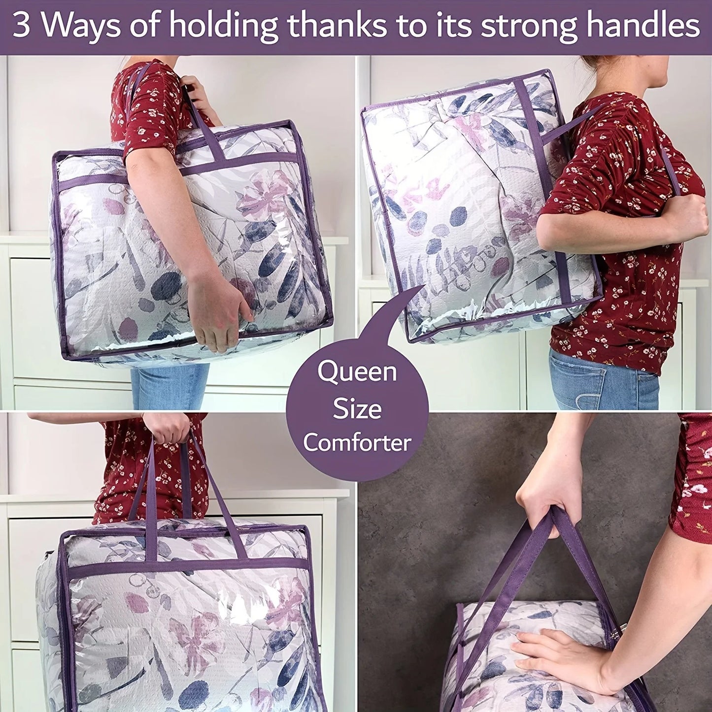 1pc Clear Zippered Storage Bags - Plastic Vinyl, Reinforced Handle, for Blankets, Clothes, Comforter, Bedding, Moving