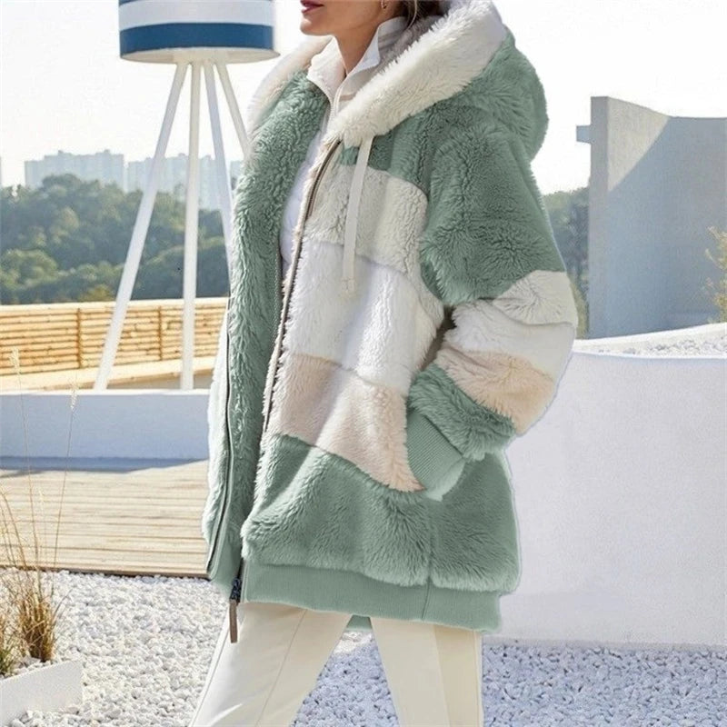 Autumn Winter Warm Plush Pocket Hooded Streetwear Loose Lady Outerwear Coat
