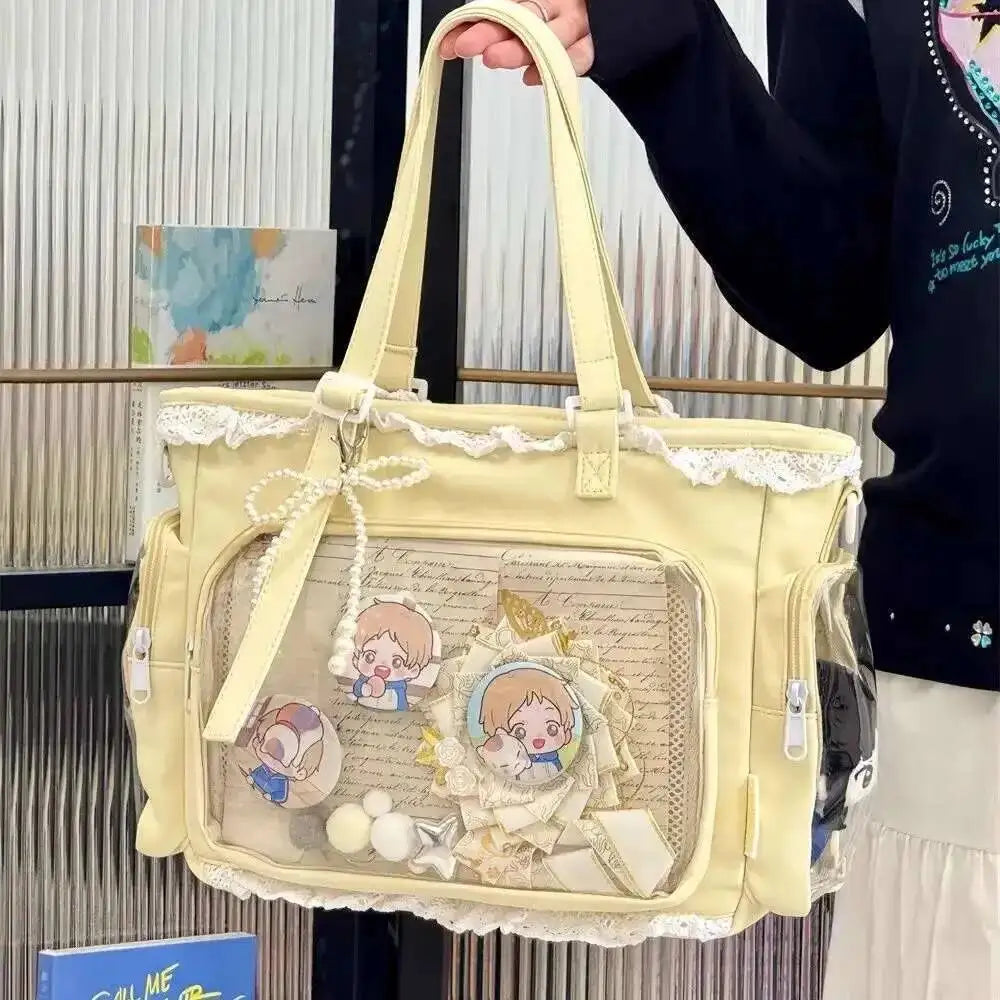 Japanese Sweet Women Ribbon Ita Bag Cute Lolita Girl Transparent Handbags Fashion Large Capacity Tote Bag Aesthetic Shoulder Bag