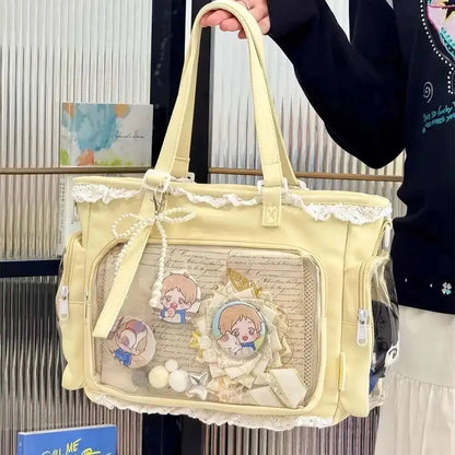 Japanese Sweet Women Ribbon Ita Bag Cute Lolita Girl Transparent Handbags Fashion Large Capacity Tote Bag Aesthetic Shoulder Bag