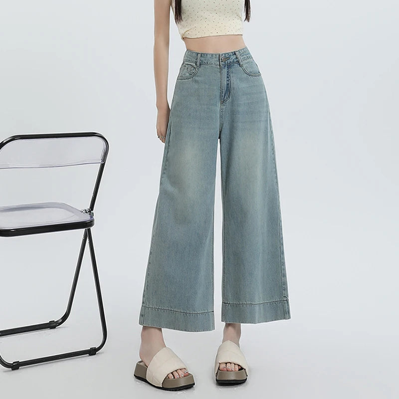 New 2025 Summer Jeans For Women Wide Leg Loose Denim Ankle-Length Pants Korean Fashion Streetwear Washed Blue Color Jeans Woman