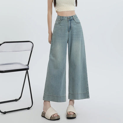 New 2025 Summer Jeans For Women Wide Leg Loose Denim Ankle-Length Pants Korean Fashion Streetwear Washed Blue Color Jeans Woman