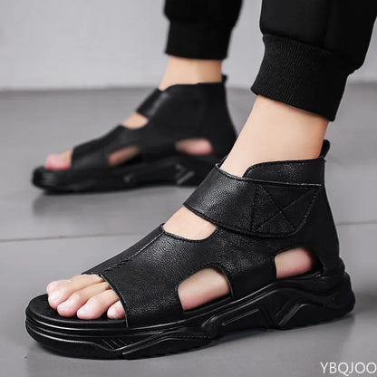 Black Sandals For Men High-Top Platform 2022 Summer Shoes Designer Fashion Breathable Casual Leather Soft Beach Slippers