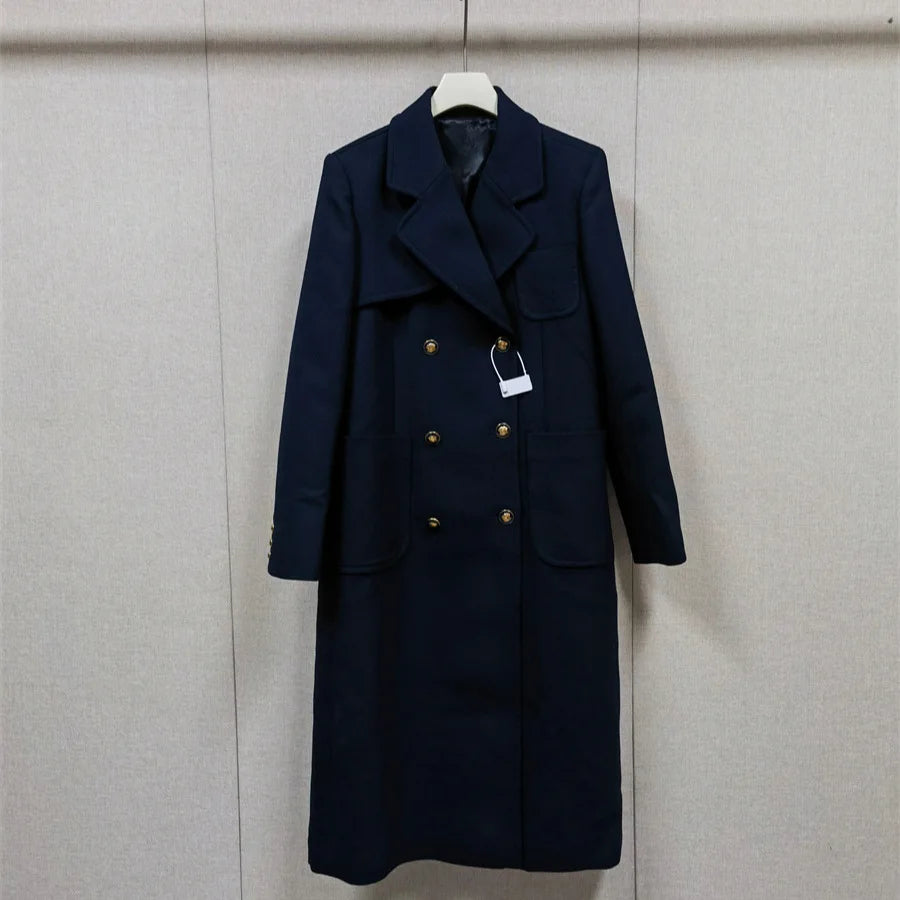 Women Dark Blue Double Breasted Long Straight Jacket Turn-Down Collar Long Sleeve Ladies Temperament Coat 2025 Winter New