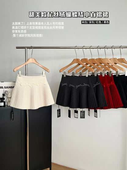 Women's Autumn/Winter Velvet Bow Solid Color Mini Short Skirt High Waist Sweet All match Elegant A-line Pleated Skirt 2024 New