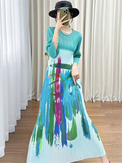 Beautiful Long Dresses Womens Dresses Miyake Summer Design Sense Round Neck Cropped Sleeve Pattern Printed Pleated Dress Female