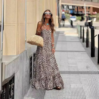 Women's Dress Fashion Spaghetti Strap Summer Leopard Elegant Casual Loose New Dresses For Women Robe Femme Holiday Party Dress