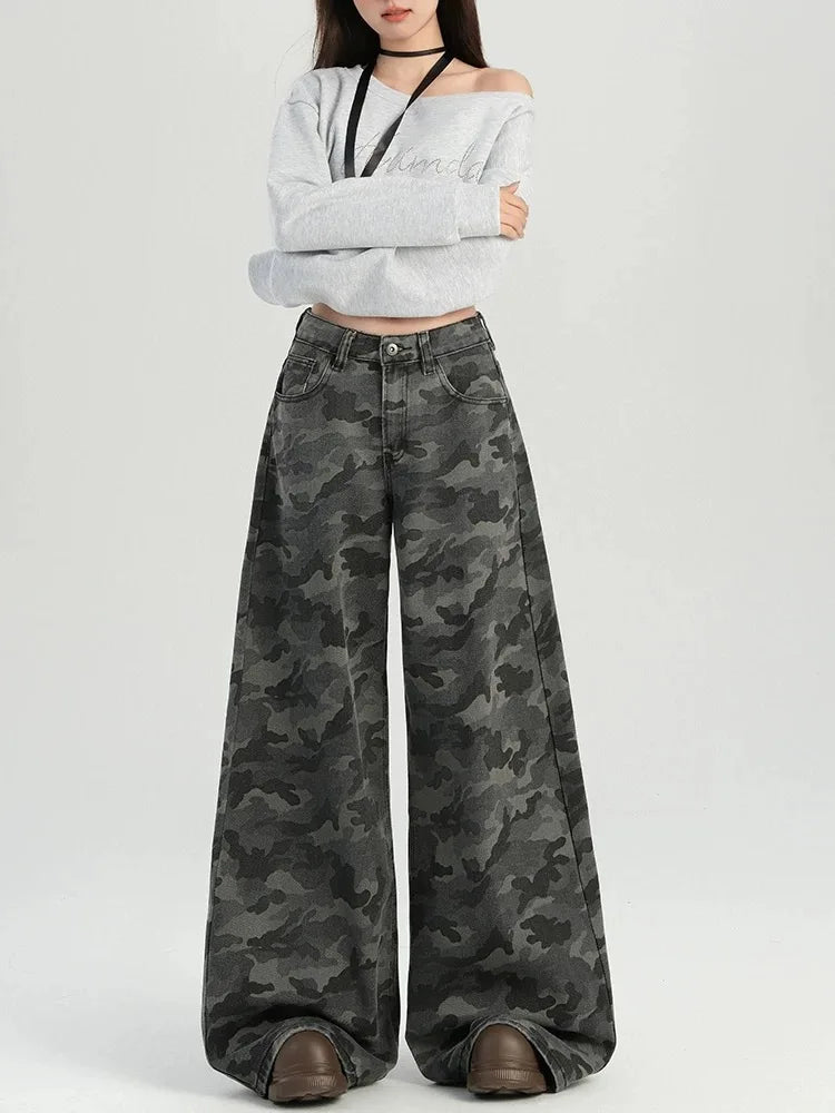 American High Street Fashion Cargo Pants Female Autumn Retro High Waist Women Pants Loose Slim Straight Leg Casual Woman Pants