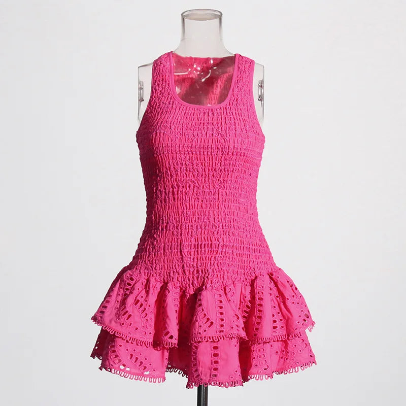 Embroidered Lotus Leaf Edge Dresses Spring Women Sleeveless Mini Strap Dress Summer High Waist Pullover Short Camisole Dress