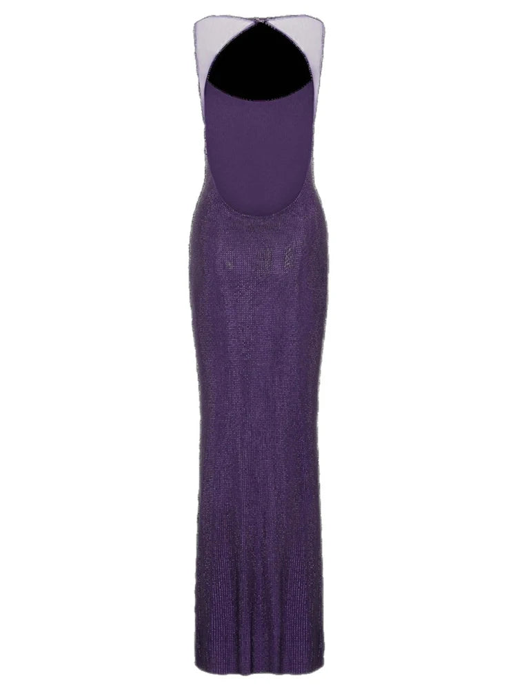 DEAT Fashion Rhinestone Purple Spaghetti Strap Evening Dress Women's Slim Backless Ankle-length Dresses New 7A2294