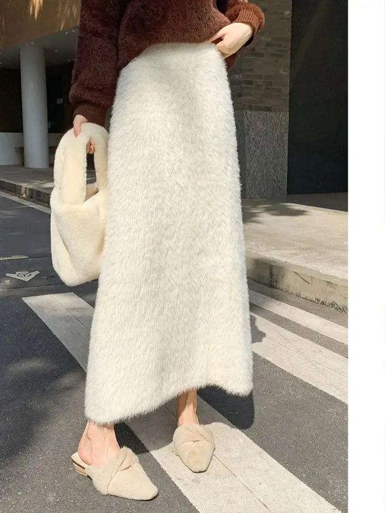 Autumn Winter New Knit Long Skirt Women Casual Thick Korean High Waist Soft A-Line Skirt